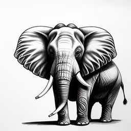 a drawing of an elephant standing on the floor,an elephant sketched in black ink sitting in a white paper,an elephant is in a white and black print,an elephant with large tusks and a full face, black and white,an elephant in black and white ink, with his tusks spread wide open
