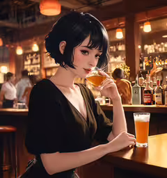 a woman with black hair drinking a glass of beer,a woman sitting at a bar drinking from a glass