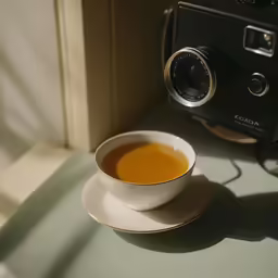 a cup of tea next to an old film camera