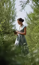 a woman in dress looking at something while standing by trees