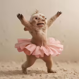 an animal jumping up and in the air in front of sand