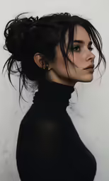 a black haired female with dark hair wearing earrings