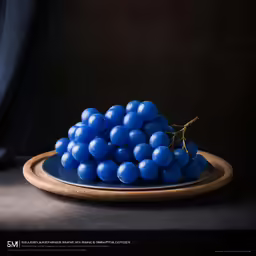 grapes sitting on a plate against a black background