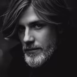 the man is wearing a long beard and black jacket