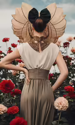 a woman in a dress standing in front of flowers