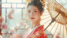 a pretty asian lady holding a parasol,an oriental woman is holding a umbrella in a garden