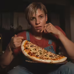 the girl is looking at a very large pizza