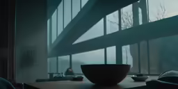 a bowl with a spoon and fork near a large window