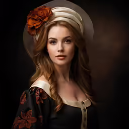 the woman is posing wearing a hat with flower