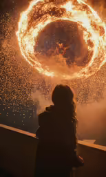 the person is looking at the sky over the fire