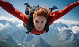 a woman with red hair in red top is doing an upside down jump