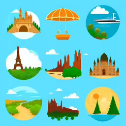various scenic places with a big blue sky,a set of different objects in the form of a stylized drawing