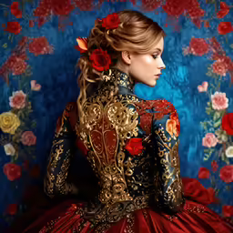 a woman in a red dress in front of red and yellow flowers
