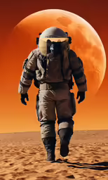 an astronaut in the desert with his back towards the moon