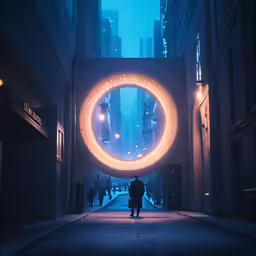a man standing under a circular light in a dark city