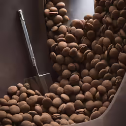 chocolate beans and a shovel in a large pile