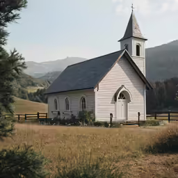 there is a white church in the middle of the countryside