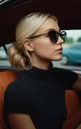 blonde woman in sunglasses sitting in car looking out of window