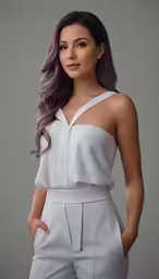 a woman with purple hair is posing for the camera