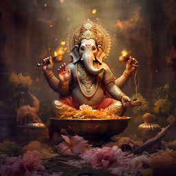 the lord ganots with two hands on his chest sitting in the lotus,an gan statue in a dark room next to flowers