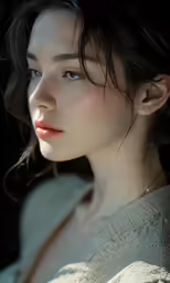 a young woman wearing a sweater with long hair