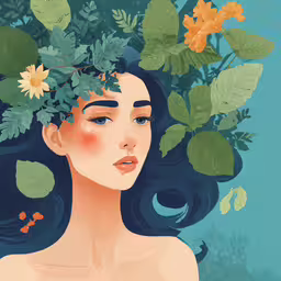 a girl with flowers in her hair and a green background,the portrait is of a woman with green leaves