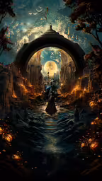 a man on a boat in the middle of a surreal landscape,an alien landscape of a large round city