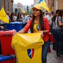 a woman holding a plastic bag in a protest