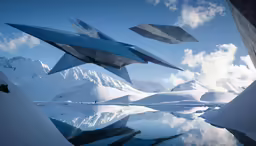 a group of planes flying over water surrounded by mountains