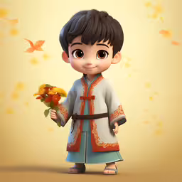 an image of a little boy holding flowers,an asian boy holding a flower in his hand