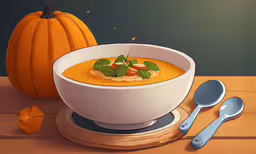 a painting of an orange soup in a bowl with a spoon,a pumpkin and cream soup with pumpkins in the background