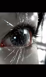 a womans eye with bright red blood and a star pattern