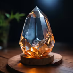 a glass object on a wooden table with a plant