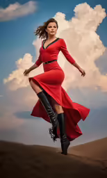 a woman in a red dress is wearing boots