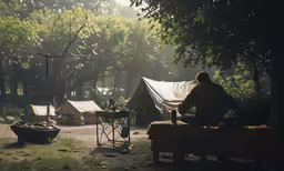 a man sits near his tents as a cooking stove cooks