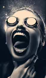 an excited young lady looking up and wearing goggles