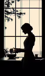 a woman standing next to a large window holding a cup