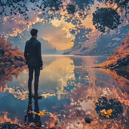 a man looking into a reflection in a pool of water