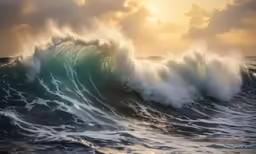a large wave is in the ocean during sunset
