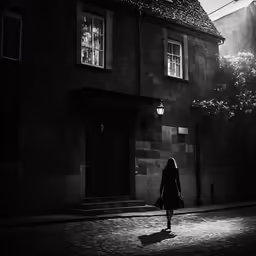 a woman is walking down the sidewalk in front of a building