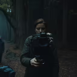 a woman holding up a camera near a woman in black jacket in the forest