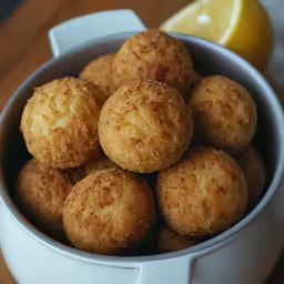 a white bowl of yellow food with lemon wedges