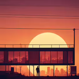 a couple are standing outside the window at sunrise,a person stands on a ledge looking over a building while the sun sets