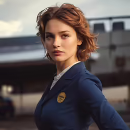 a girl wearing a blue coat and white shirt