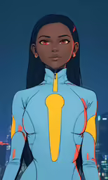 a woman in a blue suit is standing with her hands on her hips