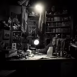 man working at his desk in a dark room