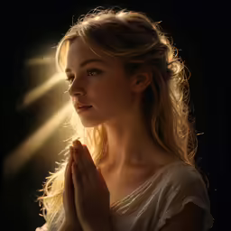 a woman in white dress with her hands together