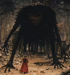 a woman in a red dress walking through a forest