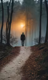 a man walking down a path at sunrise