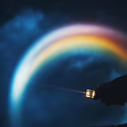 the person is holding a lantern with a rainbow in the background